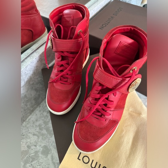 Authentic Louis Vuitton red leather and suede high top wedge sneakers - Picture 9 of 9